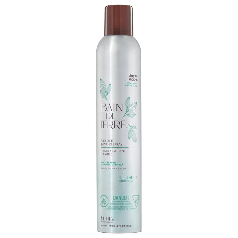 Bain de Terre Stay N' Shape Flexible Shaping Spray, Medium Hold & Shine, Heat & Humidity Protection with Argan & Monoi Oils, Paraben-Free, Color-Safe, Vegan, 9.1 Fl Oz