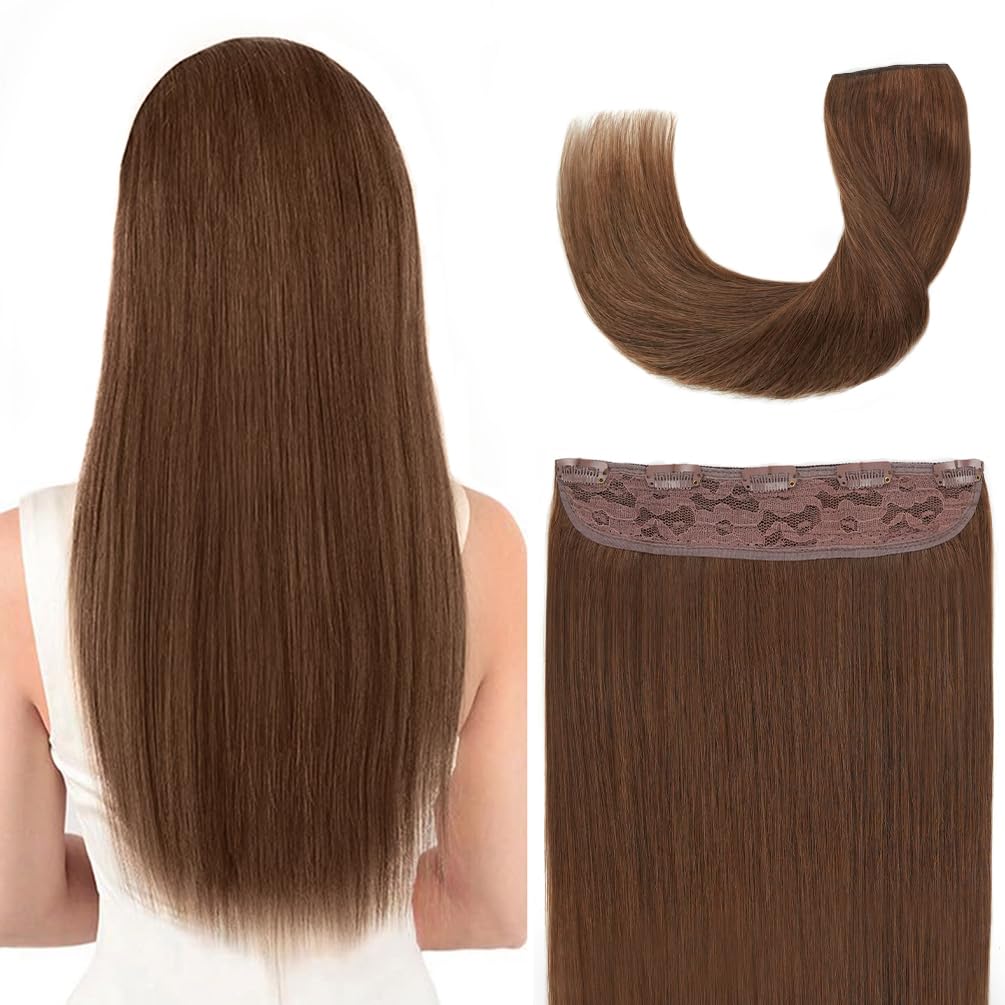 Winsky Hair Extensions Real Human Hair - One Piece Light Brown Remy Hair Extensions Clip on 70gram for Women (14inch, #6)