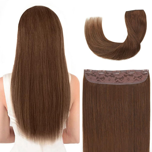 Winsky Hair Extensions Real Human Hair - One Piece Light Brown Remy Hair Extensions Clip on 70gram for Women (14inch, #6)