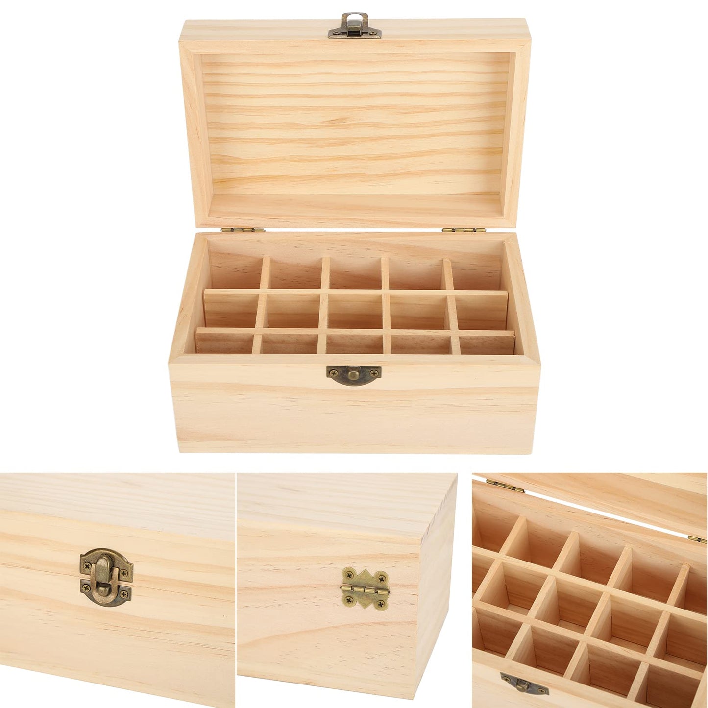 FILFEEL Wooden Essential Oil Bottle Storage Box, Large Capacity 15 Slot Essential Oil Storage Case Pine Wood Essential Oils Organizer Holder for Home, 18.2 x 11.5 x 9 cm