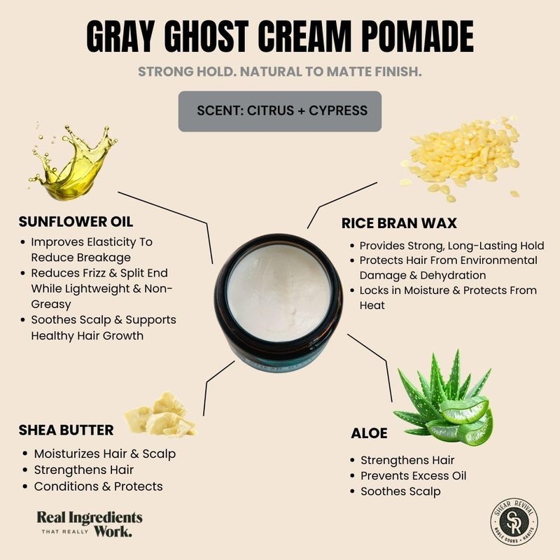 Shear Revival Gray Ghost Cream Pomade for Men & Women - Vegan, Strong Hold, Natural to Matte Finish Hair Styling Cream, For All Hair Types, 100% All Natural Ingredients, Citrus & Cypress Scent, 3.4oz