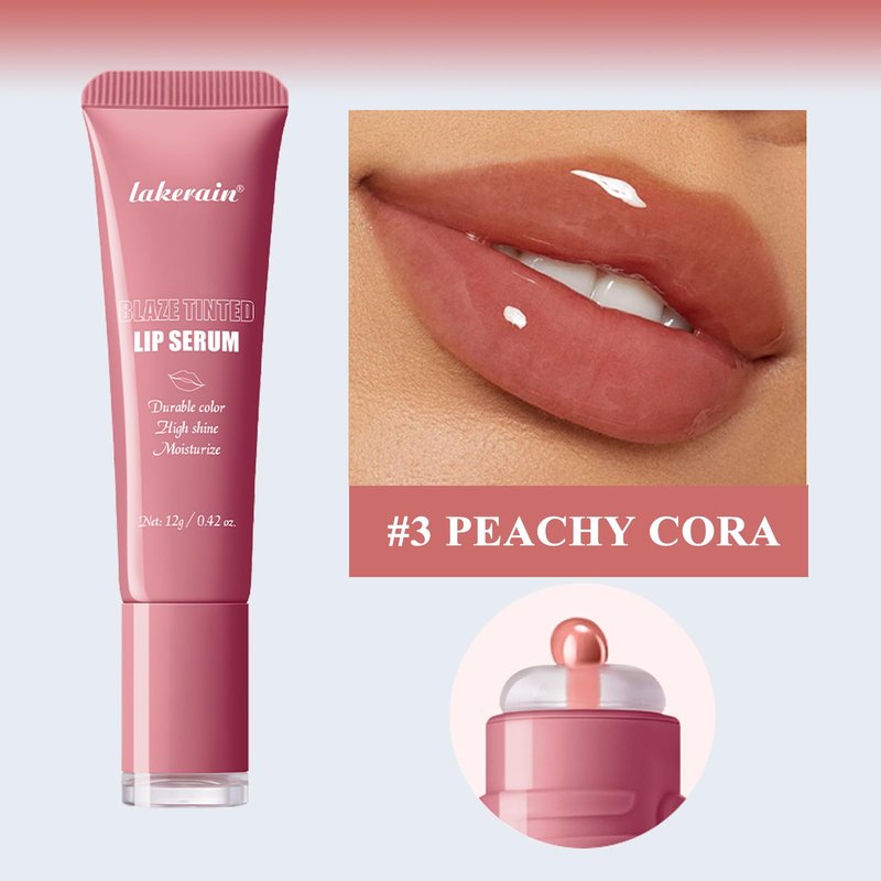 Tinted Lip Serum, High Shine Hydrating Lip Serum with Pluming Polypeptides, Glossy Finish (#3 Peachy Cora)