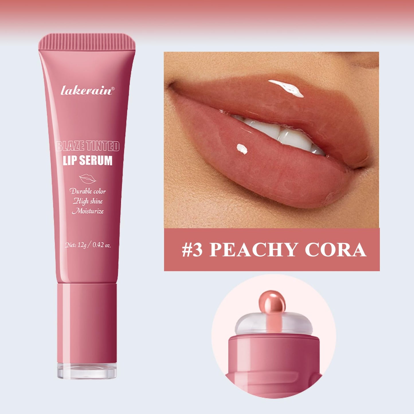 Tinted Lip Serum, High Shine Hydrating Lip Serum with Pluming Polypeptides, Glossy Finish (#3 Peachy Cora)