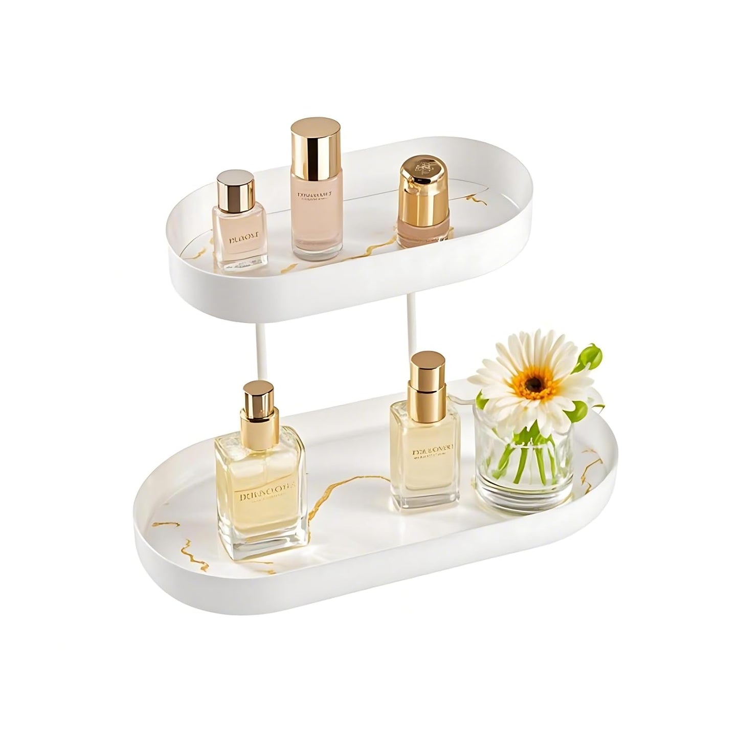 Modern White 2 Layer Metal Perfume Organizer with Marble Stripe Tray - Jewelry & Skincare Display Rack for Bathroom Dresser, Dresser Countertop