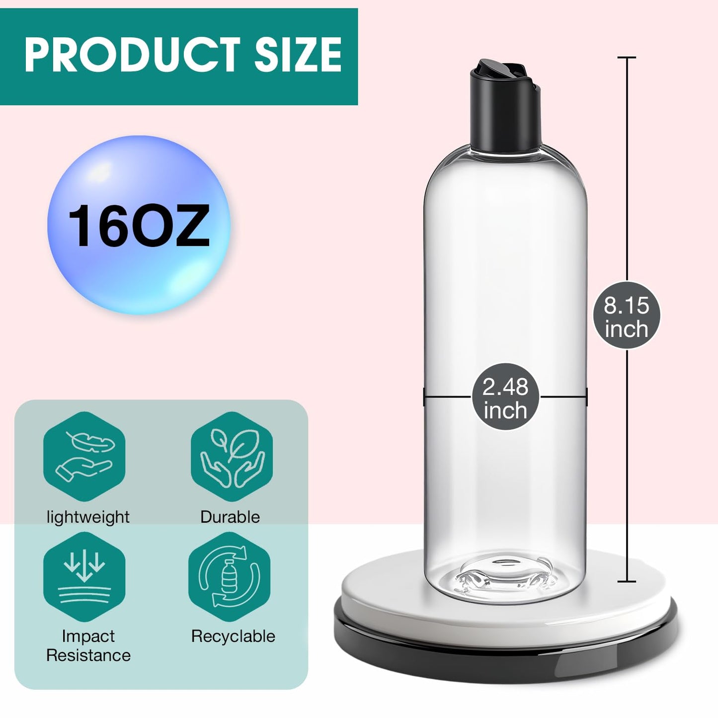 DPLASKA 16 oz Clear Plastic Empty Bottles with Black Disc Top Caps, 12 Pcs Squeezable Refillable Shampoo Bottles Travel Cosmetic Containers for Lotions, Body Soap Cream