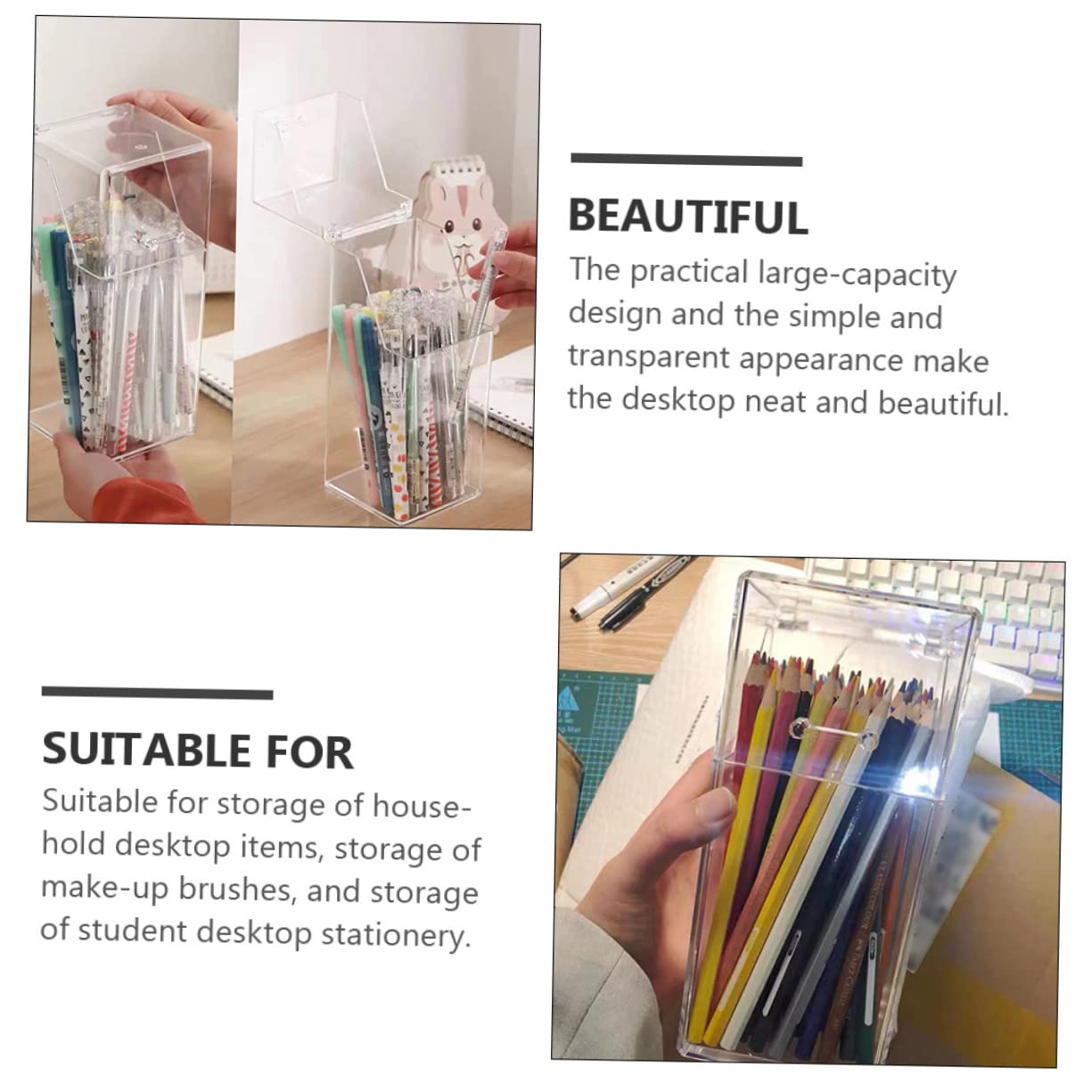 2Pcs Acrylic Makeup Brush Holder with Lid, Clear Makeup Holder, Cosmetic Organizer Cosmetic Storage Display Box for Dressing Tables and Vanity, 3.34 x 3.34 x 8.25inch