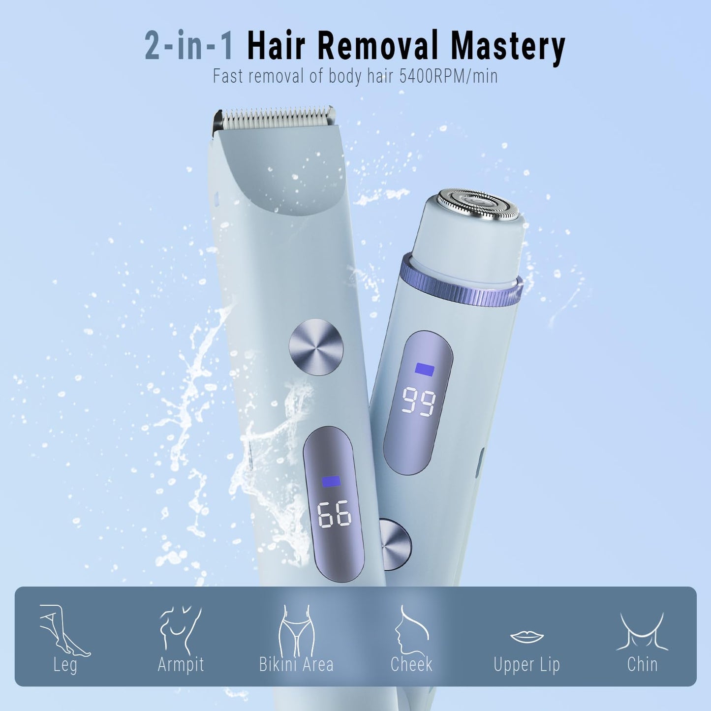 2-in-1 Bikini Trimmer for Women, Bikini Shaver with Dual Heads, Body and Facial Hair Removal, Cordless Rechargeable Electric Razors for Face Chin Pubic Underarm Legs, IPX7 Waterproof, Blue