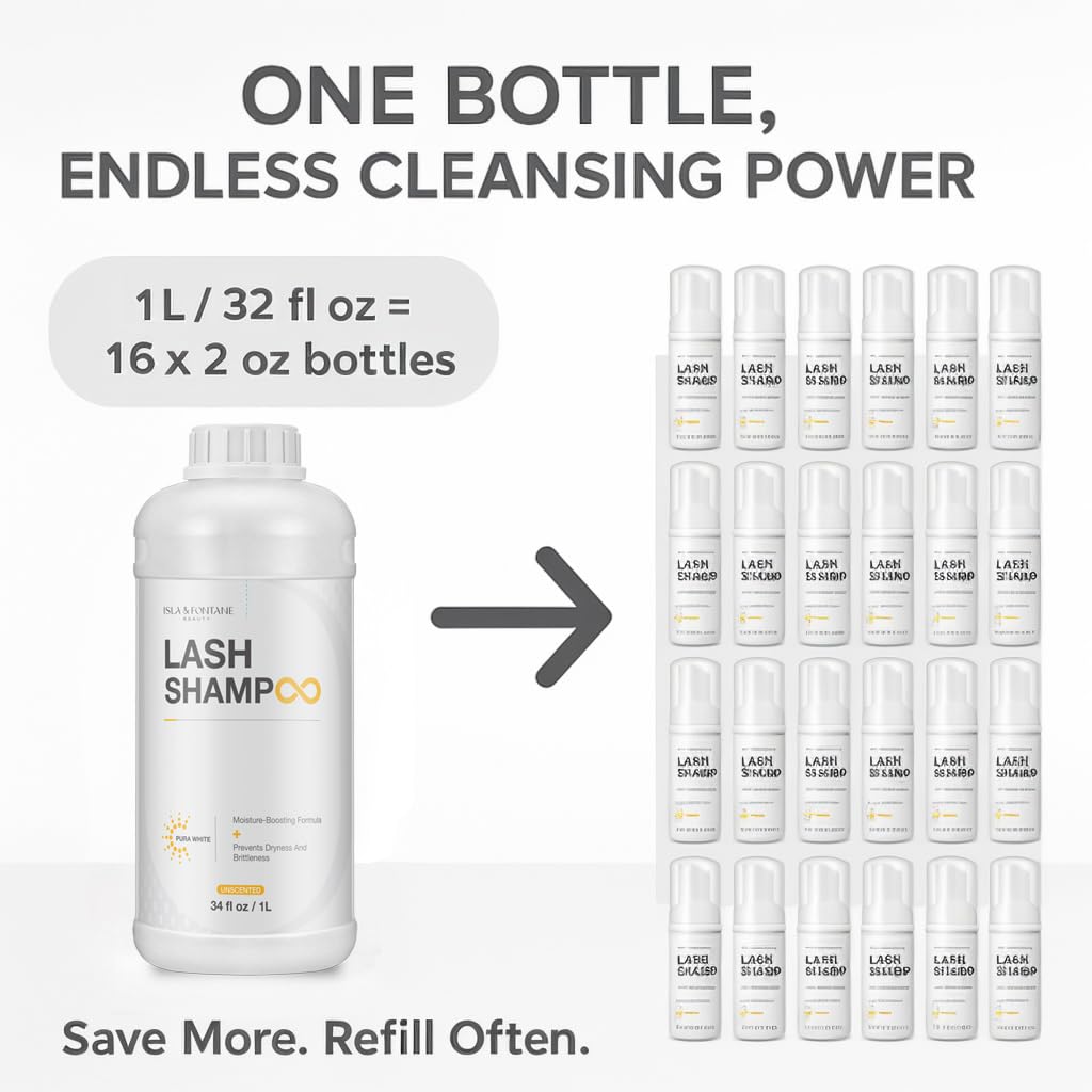 ISLA & FONTANE Lash Shampoo Bulk – Pura White 34 fl oz / 1L | Gentle Eyelash Shampoo for Extensions | Lash Foam Cleanser | Oil-Free Lash Bath for Home & Salon Use