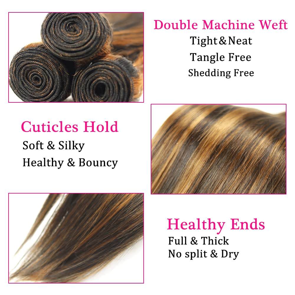 Vinmdonm P1B/30 Highlight Bundles Human Hair Ombre Brown Straight 3 Bundles 24 26 28 inch Unprocessed Virgin Remy Hair Extensions