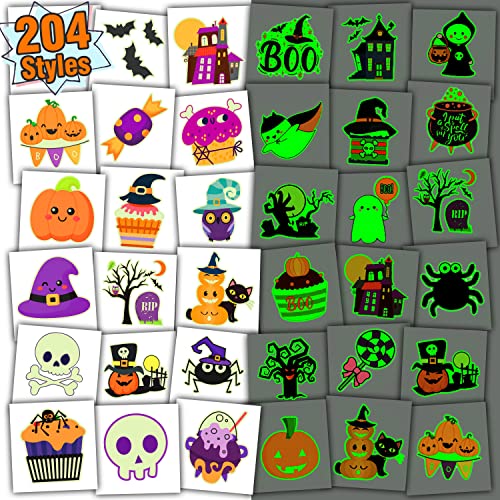 Partywind 204 PCS Individually Wrapped Sheets Glow Halloween Tattoos for Kids Party Decorations, Luminous Pumpkin Tattoo Stickers, Kids Halloween Treats, Party Supplies