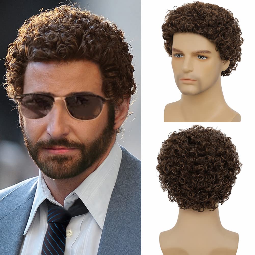 Tseses Mens Brown Curly Wigs Short Afro Rocker Wig Synthetic Daily Cosplay Party Costume Hair Wigs for Male Guys