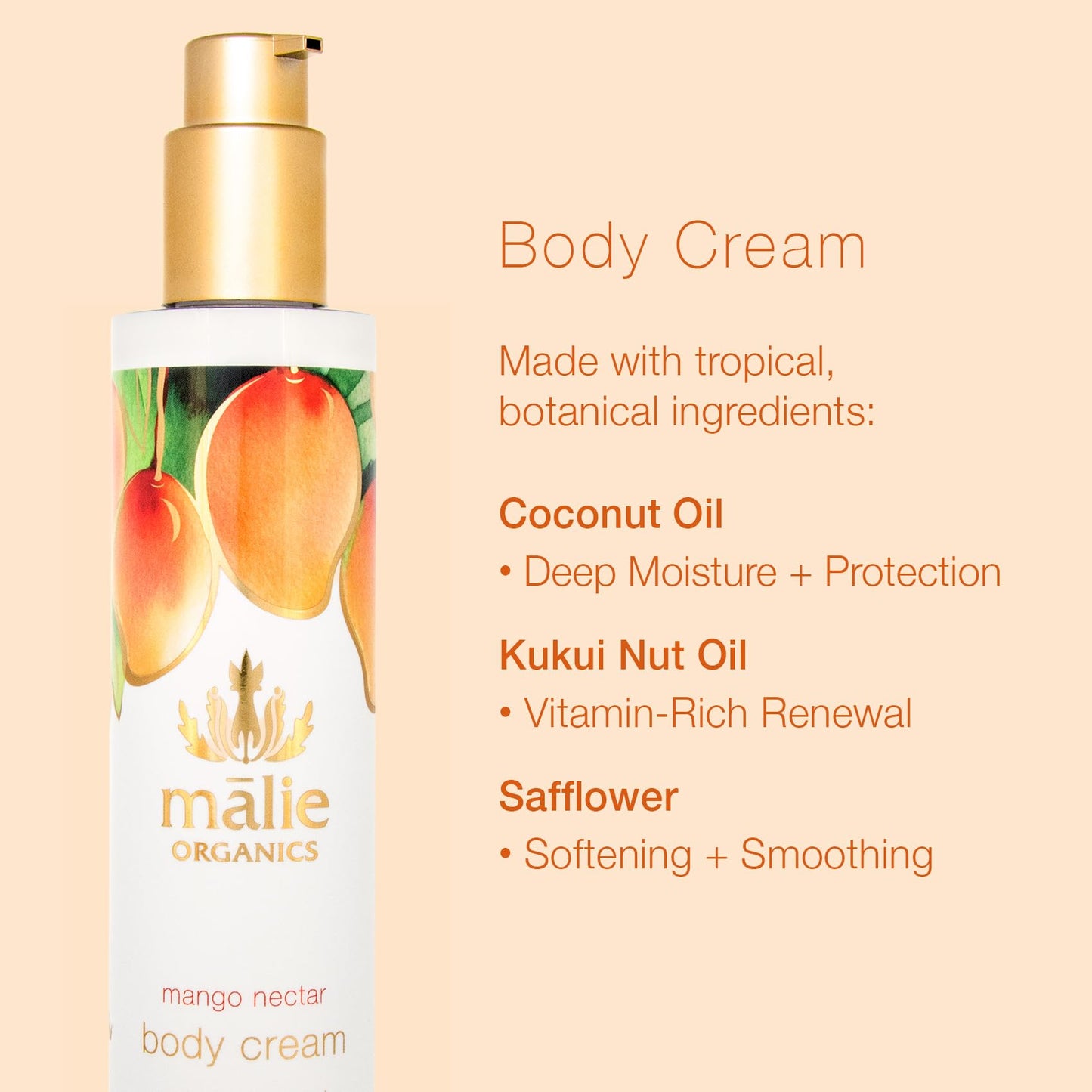 Mālie Organics Body Cream, Mango Nectar Scent, Deep Hydration, Coconut Oil + Kukui Nut Oil + Aloe + Chamomile, Vegan, 7.5 oz