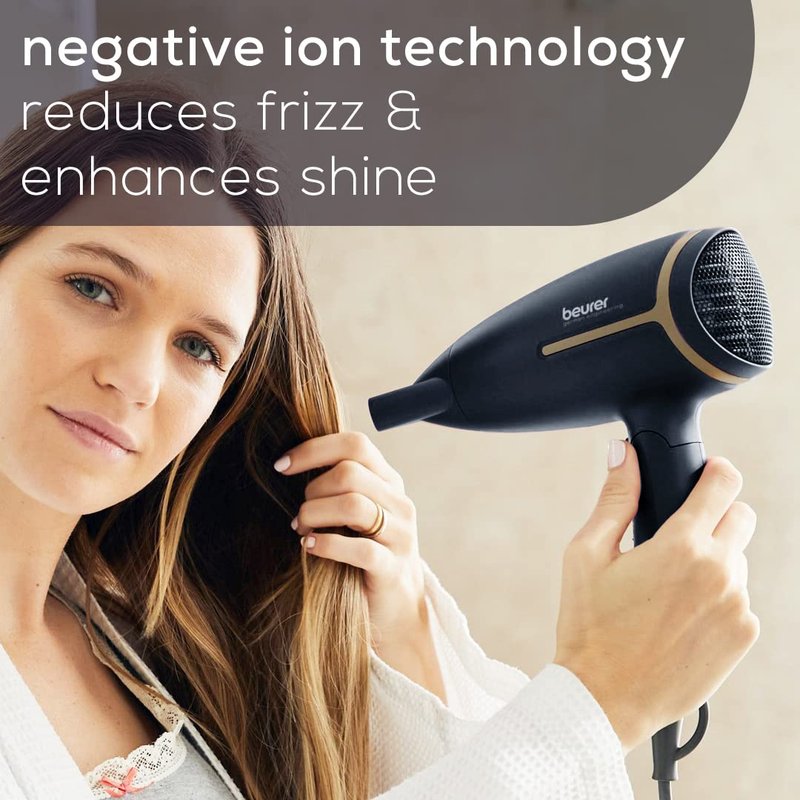 Beurer HC25 Ionic Hair Dryer for Travel with Voltage Switch 1600W Anti Frizz Blow Dryer, Foldable Handle, Lightweight Styler, Nozzle Attachment, Black and Rose Gold