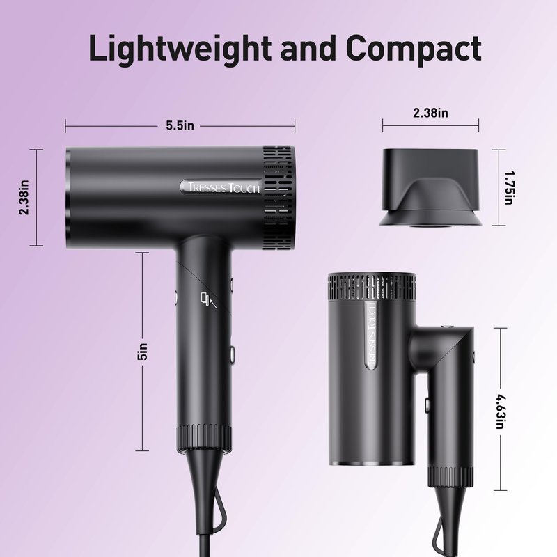 Hair Dryer, High-Speed Ionic Blow Dryer, Powerful 1600 Watt Motor for Fast Drying and Straight & Wavy Hair, Foldable, Lightweight Hairdryer with Magnetic Suction Nozzle for Home Salon Travel
