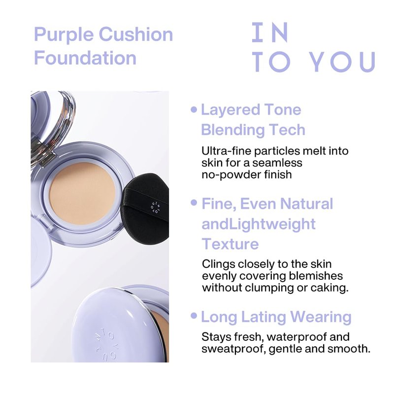 INTO YOU Purple Long Wear Concealing Cushion Foundation(Refill Included), Oil Control, Full Coverage, Cream Base Makeup, Smooth, Long Lasting Matte Finish for Oily Skin, L01 Bright Ivory