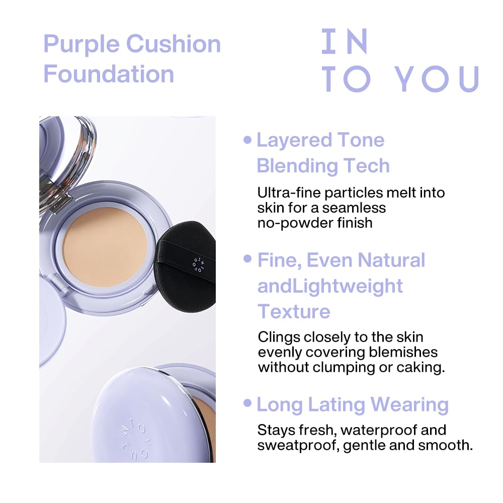 INTO YOU Purple Long Wear Concealing Cushion Foundation(Refill Included), Oil Control, Full Coverage, Cream Base Makeup, Smooth, Long Lasting Matte Finish for Oily Skin, L01 Bright Ivory