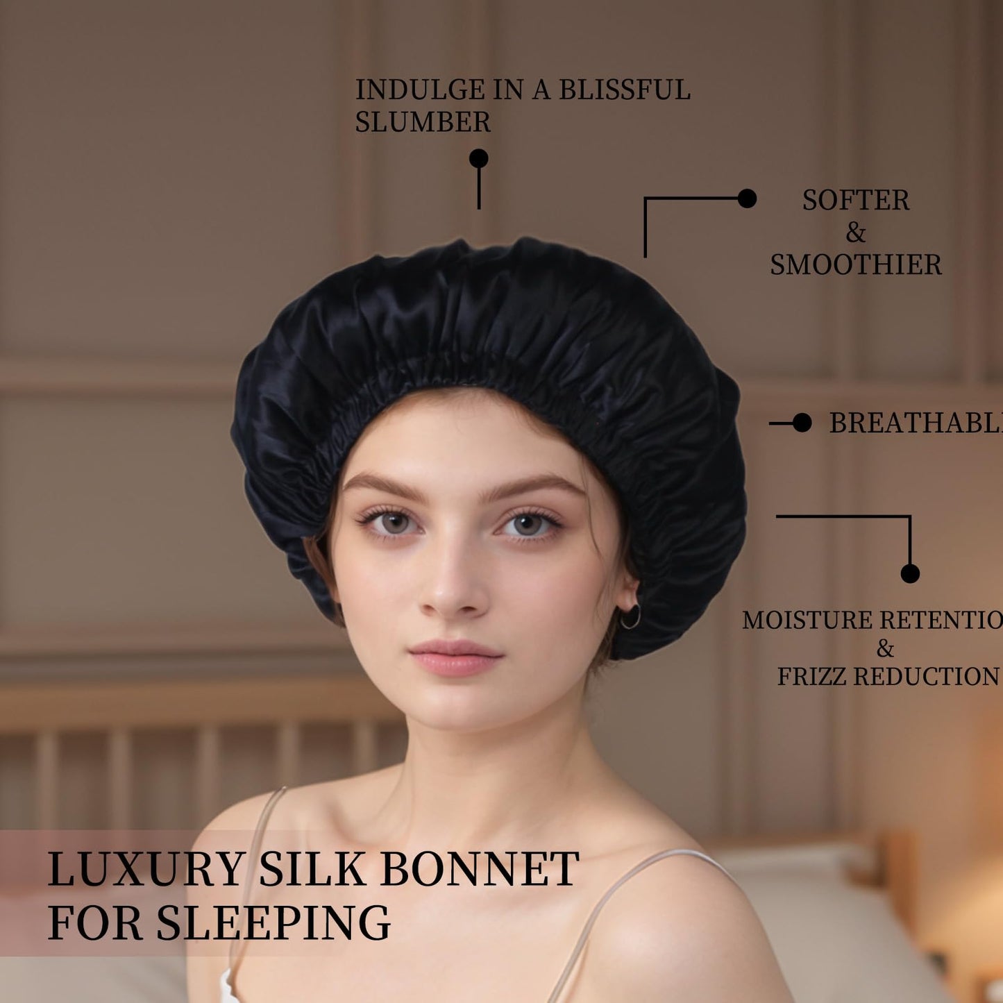 100% Mulberry Silk Bonnet for Sleeping Women Long Hair -Double Layer Sleep Cap -Silk Sleep Bonnet with Elastic Stay On Head (Black, Large)