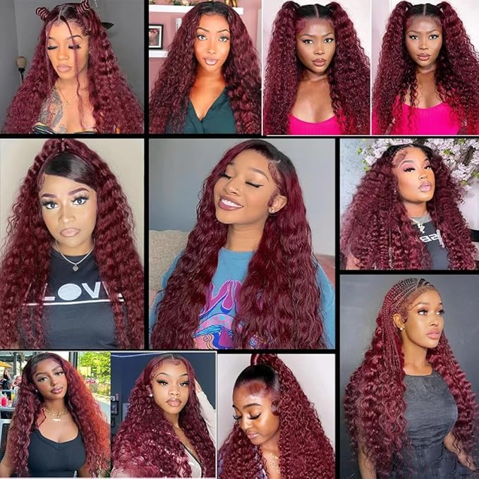 Deep Wave Human Hair Closure - 20 Inch 4x4 HD Transparent Lace | Black Burgundy Curly, High Density