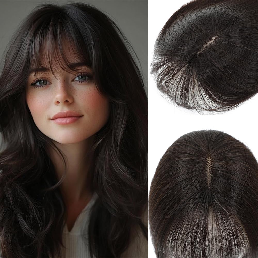 RMYHIG Hair Toppers for Women Real Human Hair, 360° 3D Human Hair Toppers for Women with Thinning Hair Upgrade Middle Part Clip in Bangs (Dark Brown(Big Coverage), 12 Inch-3D-Wispy)