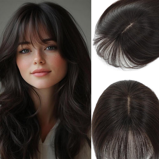 RMYHIG Hair Toppers for Women Real Human Hair, 360° 3D Human Hair Toppers for Women with Thinning Hair Upgrade Middle Part Clip in Bangs (Dark Brown(Big Coverage), 12 Inch-3D-Wispy)