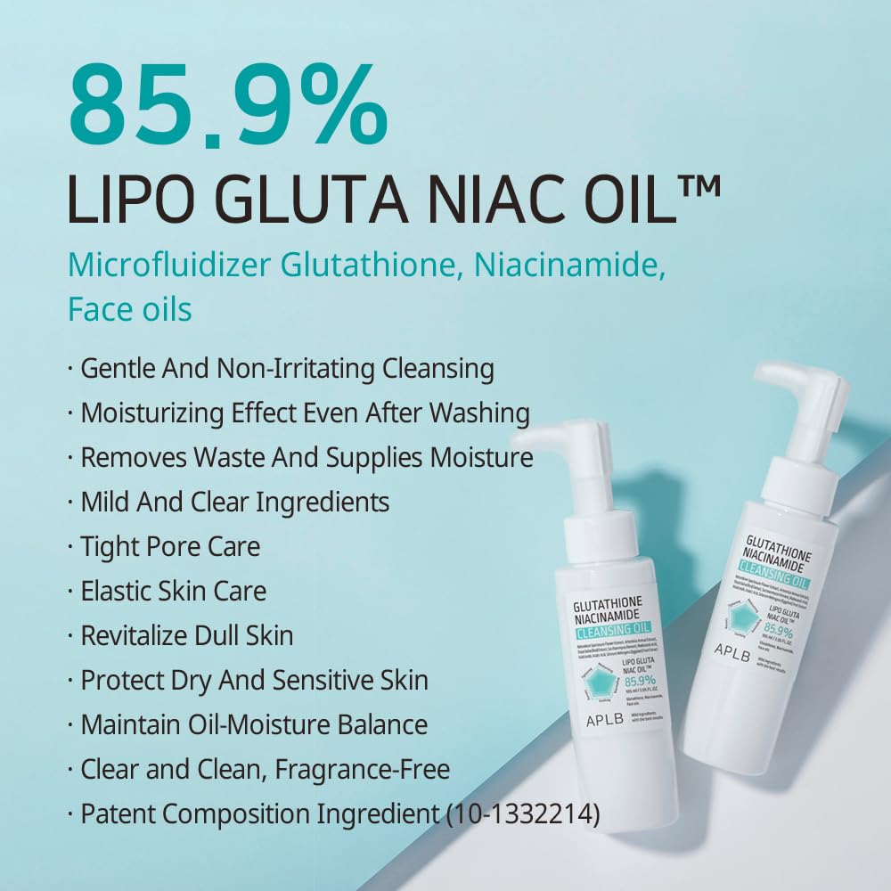 APLB Glutathione Niacinamide Cleansing Oil | LIPO GLUTA NIAC OIL™ 85.9% 3.55 FL.OZ/Korean Skincare, Makeup remover for sensitive skin, Moisturize, Blackhead care
