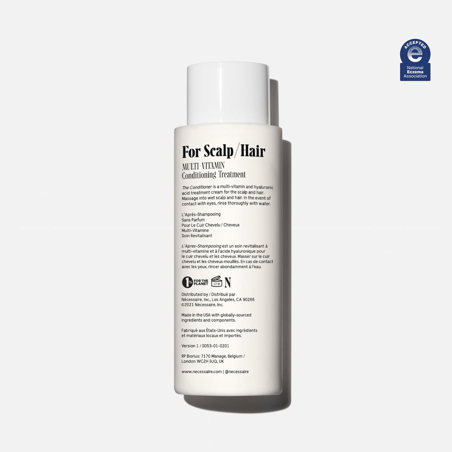 Nécessaire The Conditioner. Fragrance-Free. Hydrating Treatment For Scalp + Hair. Hyaluronic Acid. Hypoallergenic. Dermatologist-Tested. Non-Comedogenic. No Silicones. 250 ml / 8.4 fl oz