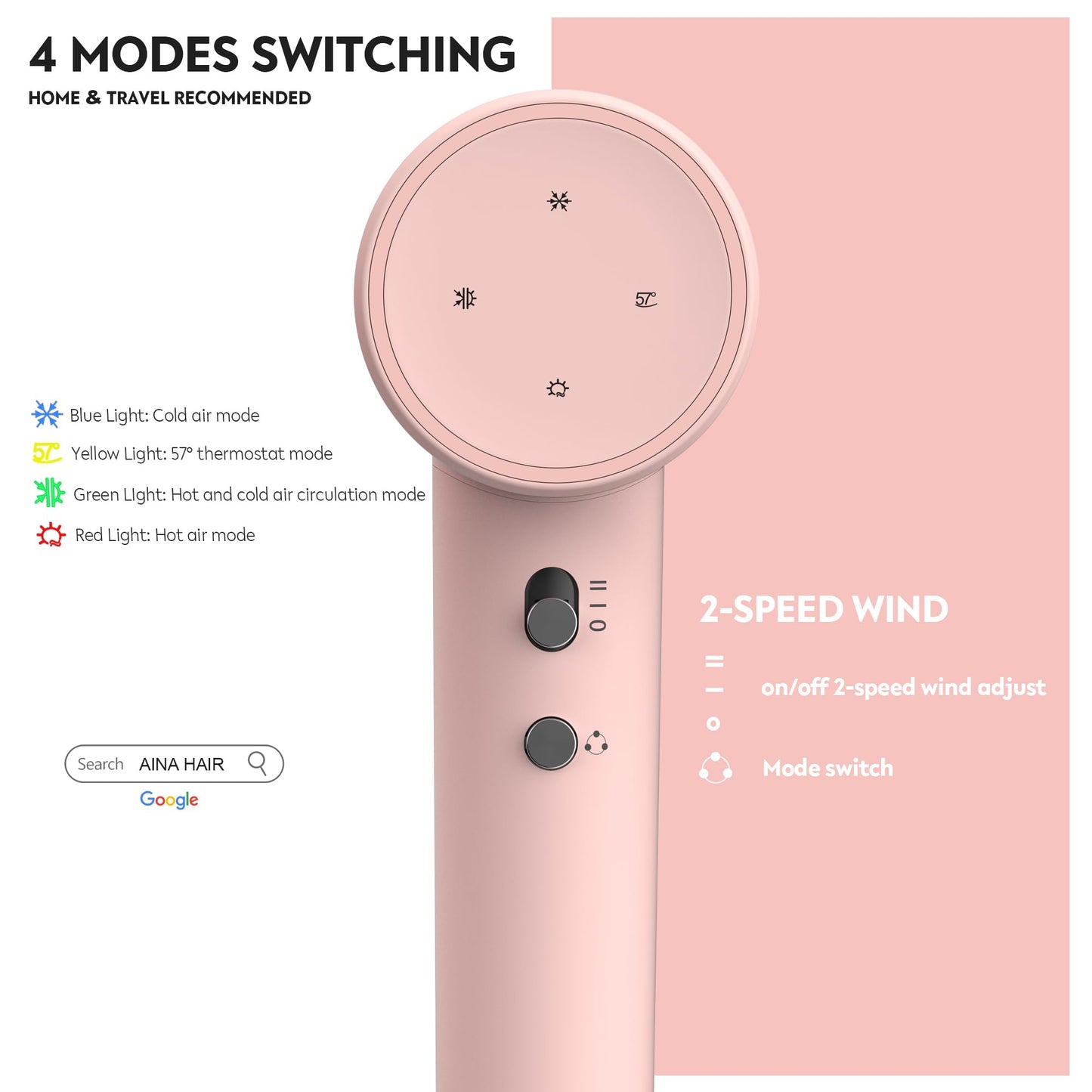 AINA Hair Dryer,Blow Dryer with Diffuser Brush Comb for Women - BLDC Hair Dryer - Brushless Motor, 110,000 RPM Lightweight,Ionic Travel, 3 Magnetic Attachments 110V/ALCI(Baby Pink)