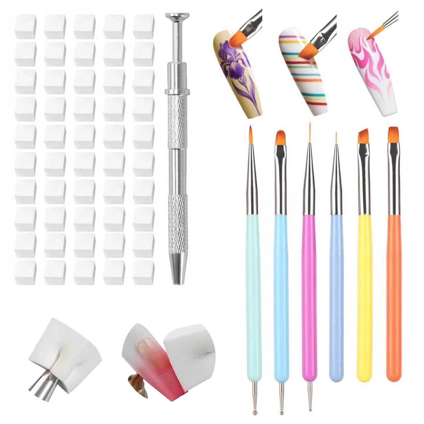 Karroy 100pcs Sponges with Grabber and Nail Art Brushes, Nail Tools Set for Ombre Gradient Nail Gel Painting Gel Kit Multifunctional Nail Brushes for Nail Design (Brushes Grabber Sponges)