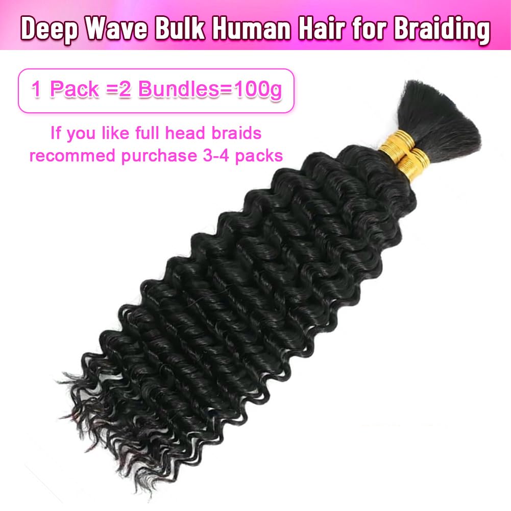 Human Braiding Hair for Boho Braids Curly Deep Wave Bulk Human Hair for Braiding 100% Human Hair for Braiding Hair Wet and Wavy Boho Knotless Braids Hair No Weft 2 Bundles/Pack