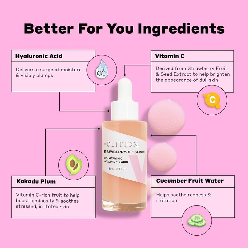 Volition Beauty Strawberry-C Brightening Serum with Vitamin C + Hyaluronic Acid | Soothes, Reduces Excess Oil, Improves Skin Luminosity & Smooths the Look of Wrinkles | Vegan
