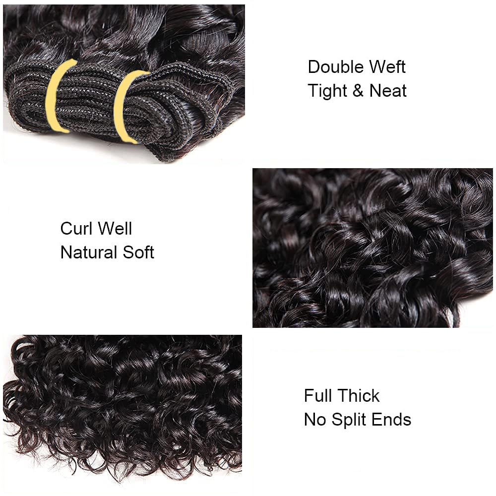 Curly Human Hair Bundles, 4 Pack Short Curly Hair Extensions, Natural Color, Brazilian Style, Soft & Full, 8 Inch Bundles