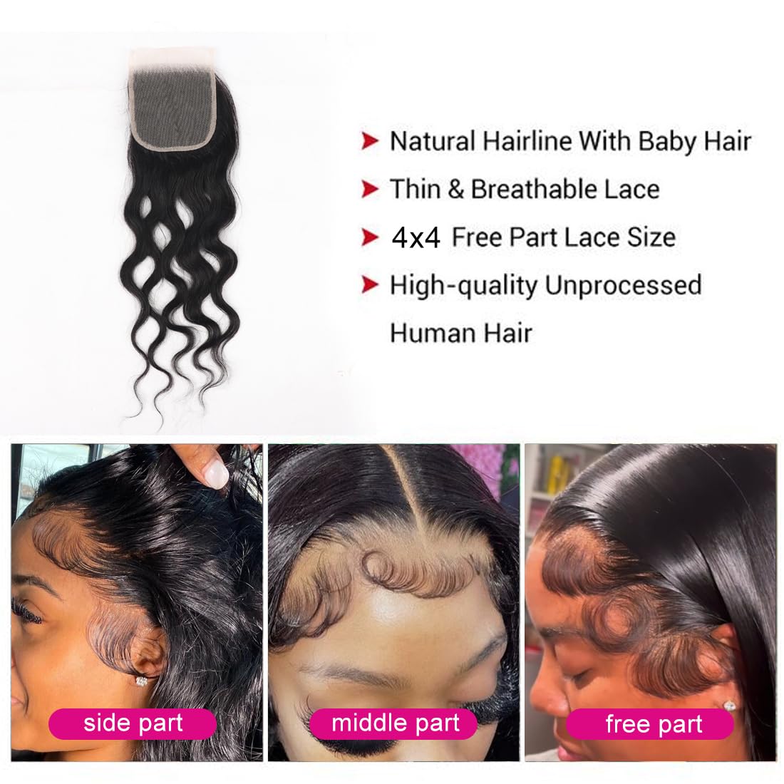 16 Inch 4x4 HD Lace Closure Brazilian Virgin Human Hair Natural Wave Transparent Lace Closure Pre Plucked with Baby Hair Free Part Natural Wave Hair
