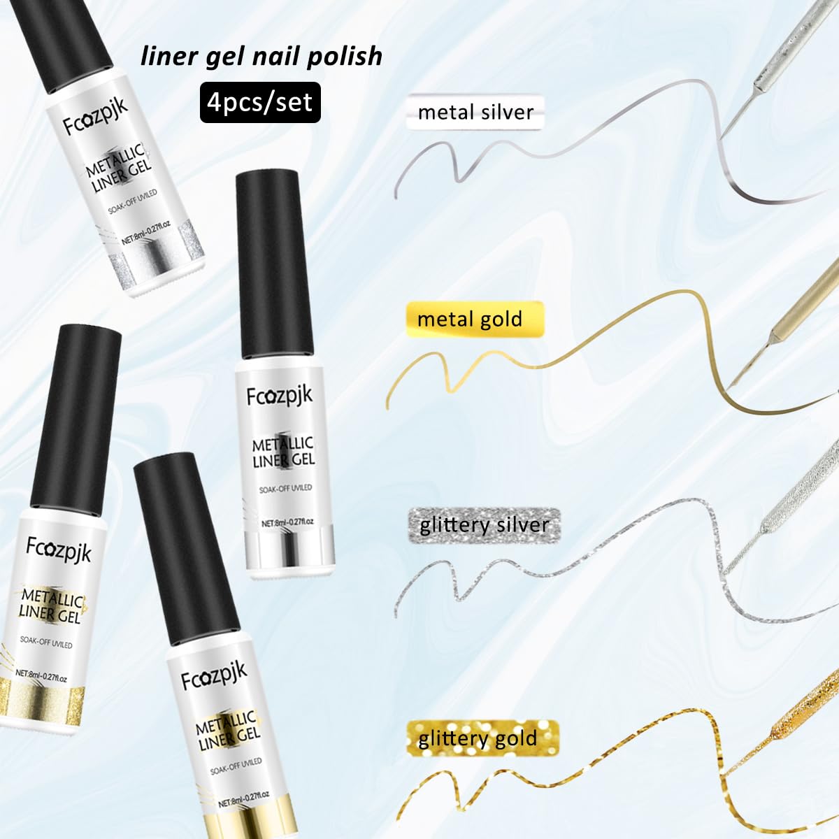 Fcozpjk Gold And Silver Gel Nail Polish 4PCS Metallic Liner Nail Art Polish Mirror Chrome Effect Metal Paint French Tips Wave Flower Dotting Drawing Nail Polish With Thin Brush
