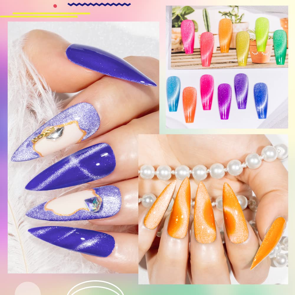 MIZHSE Neon Cat Eye Gel Polish Kit with 3D Metal Stick - 12-Color Glitter Magnetic Gel Polish Set Red Yellow Green Hot Pink Purple - Bright Nail Art Manicure Gift for Women