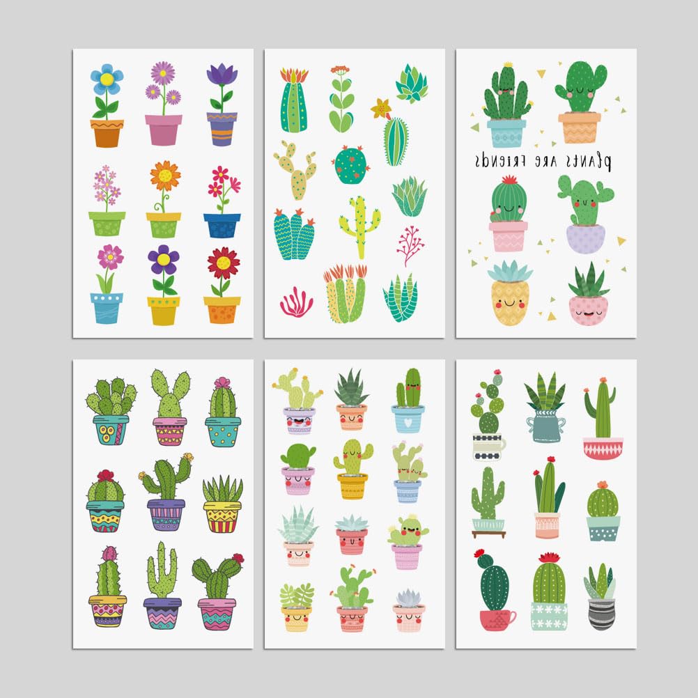 Oottati 6 sheets Waterproof Temporary Tattoo Stickers for Kids Children Cute Finger Wrist Cactus Potted Flower for Grils Boys