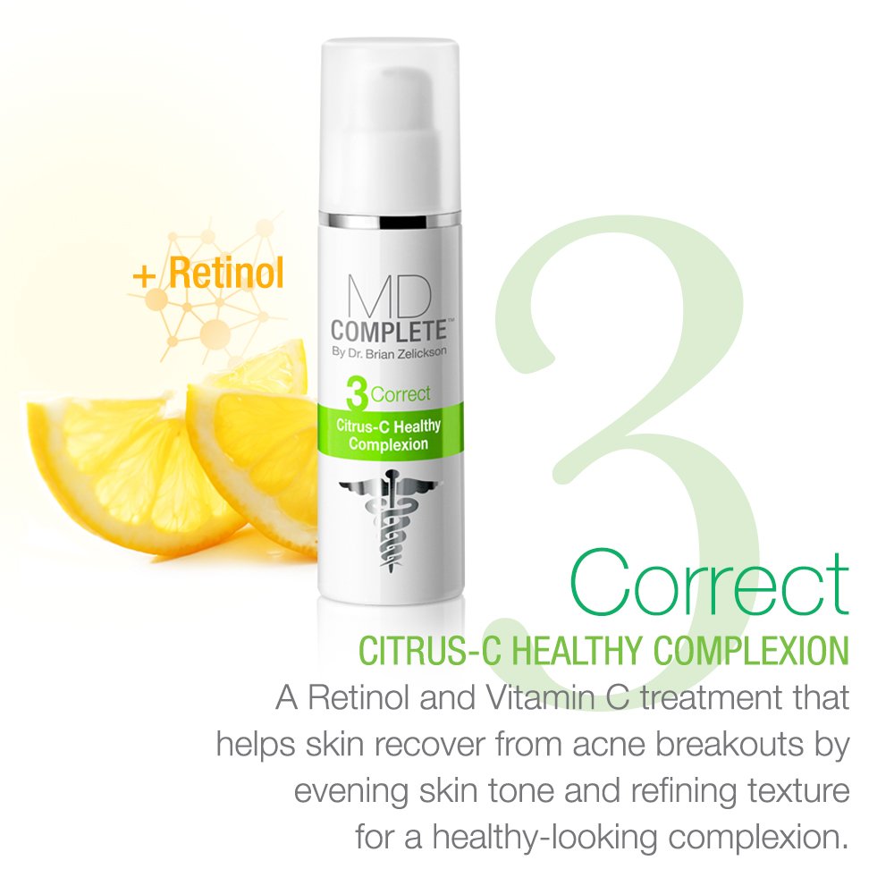 MD Complete 3-Step Professional Acne Clearing System: Salicylic Acid Cleanser, Benzoyl Peroxide Spot Treatment and Retinol Vitamin-C Complexion Correcting Serum