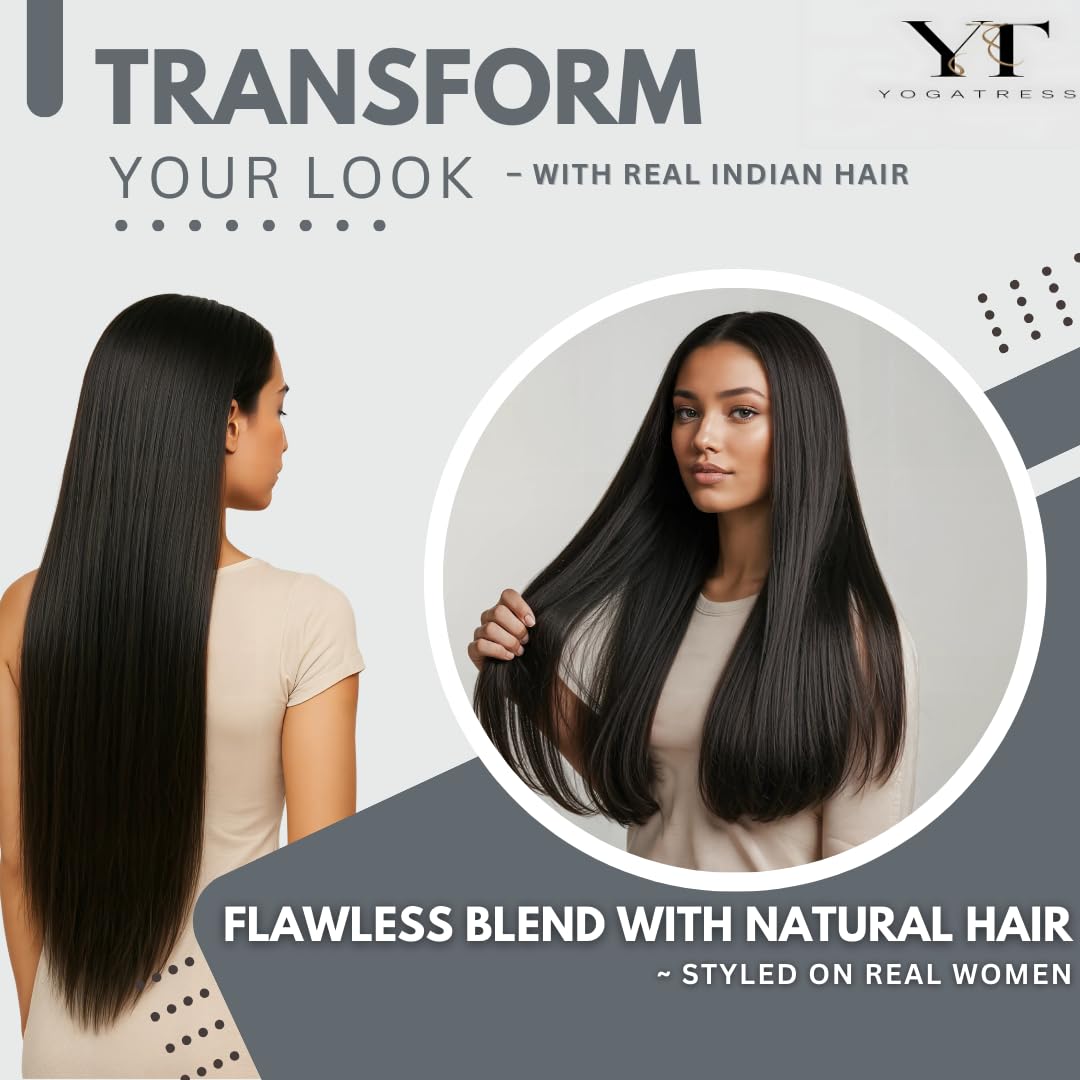Yogatress Clip in Hair Extensions Real Human Hair – 100% Indian Remy Natural Raw Human Hair Extensions, Clip ins for Women, Double Weft, Pack of 1 – 7Pcs Straight 1B Natural Black 16 Inch 70g Classic
