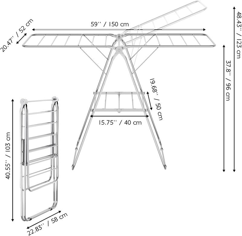 Folding Clothes Drying Rack - Stainless Steel, Height-Adjustable, Space-Saving | Indoor/Outdoor Use, Chrome Finish