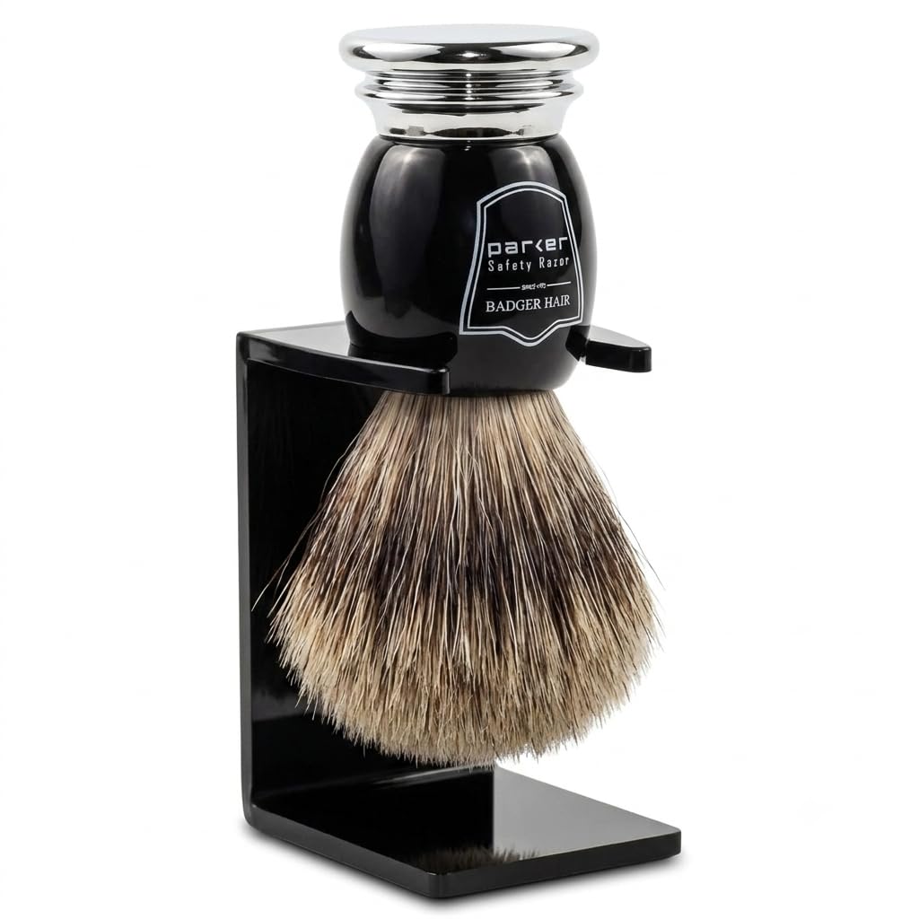 Parker Pure Badger Shaving Brush with Stand – Black & Chrome Handle, 22mm Knot | Rich Lather for Soap & Cream | Handcrafted Wet Shaving Brush for Men | Premium Grooming Tool