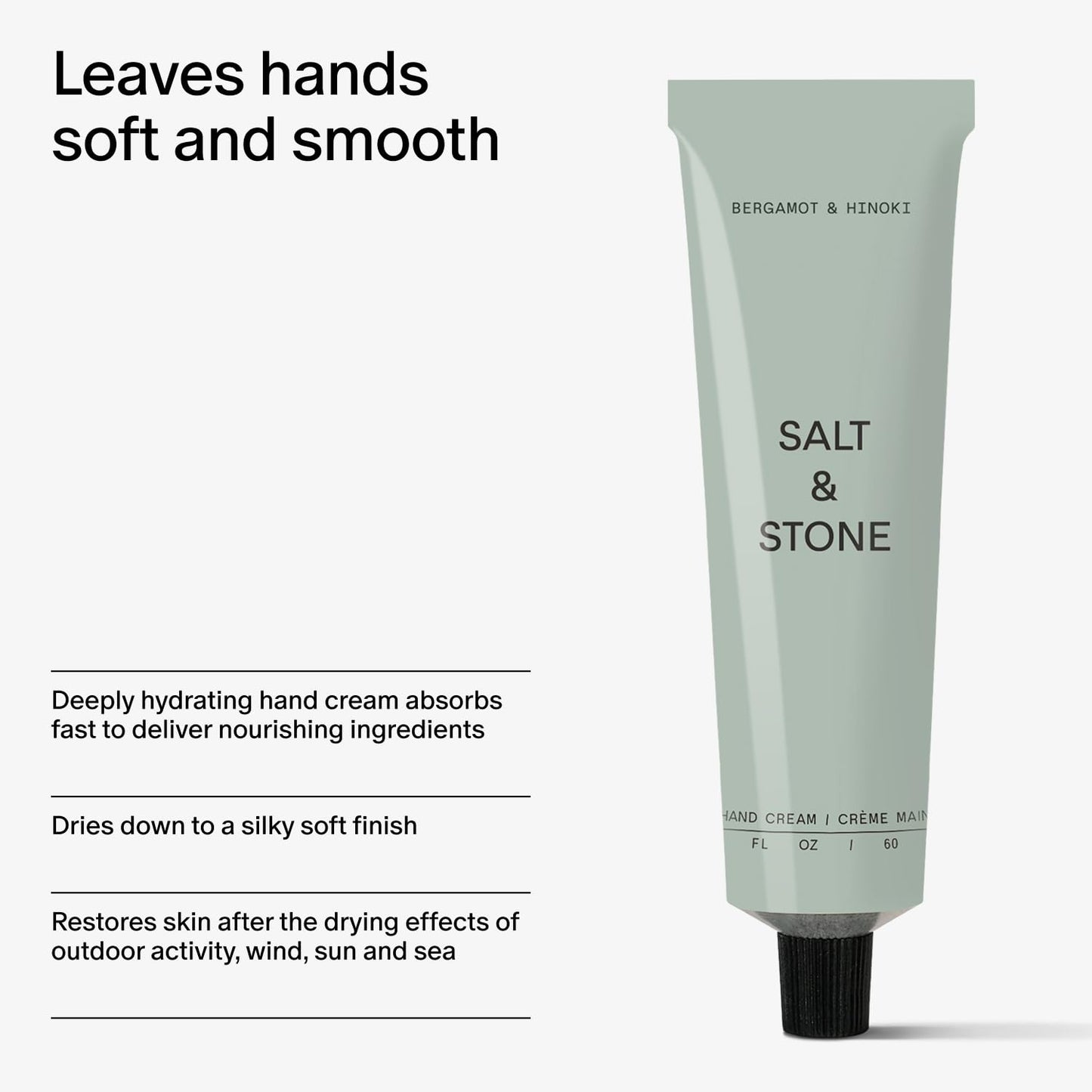 Salt & Stone Hand Cream for Women & Men | Hydrates, Nourishes & Softens Skin | Restores Dry Cracked Hands | Fast-Absorbing | Cruelty-Free & Vegan | Bergamot & Hinoki 2 fl oz