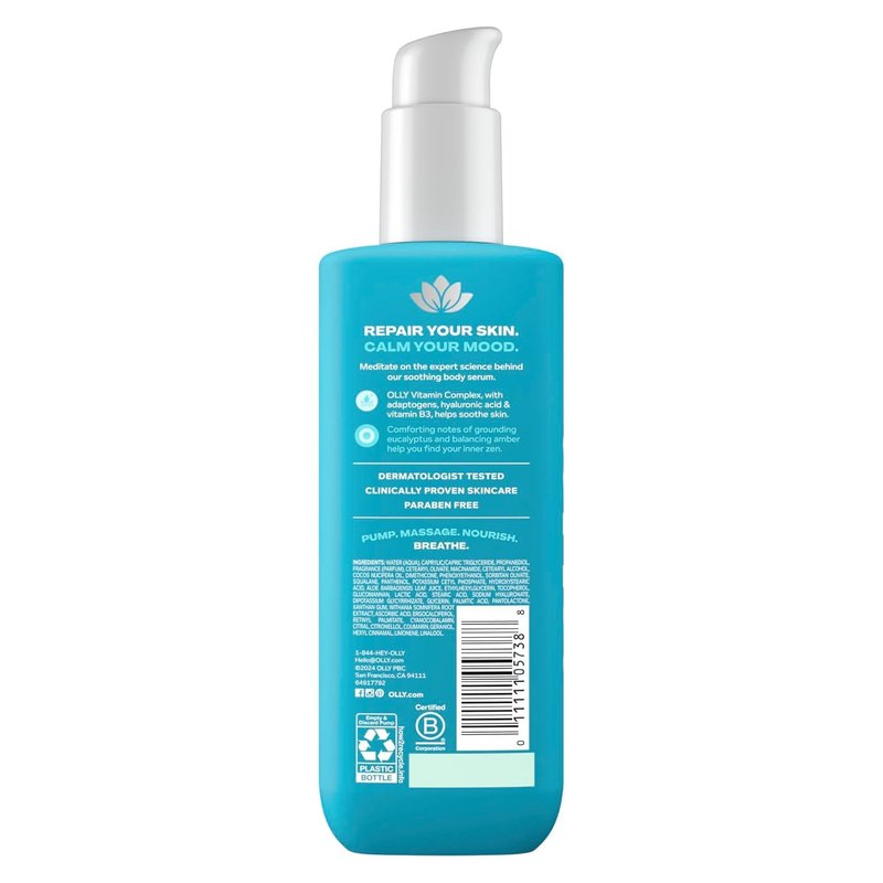 OLLY Calm Body Care Holiday Bundle - Nourishing Body Wash & Lotion-Serum with Hyaluronic Acid | Eucalyptus Amber Scent, 17oz & 8oz