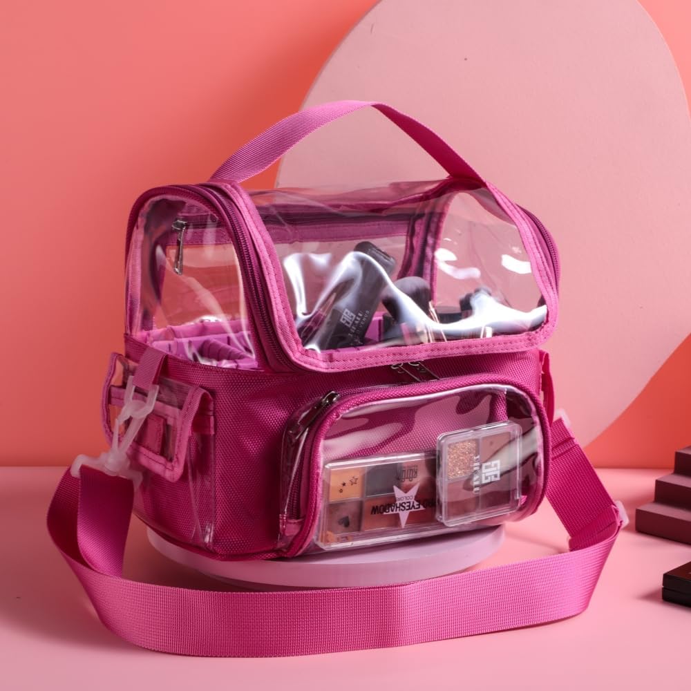 Transparent PVC Makeup Bag - Clear Travel Brush Organizer with Shoulder Strap | Hot Pink