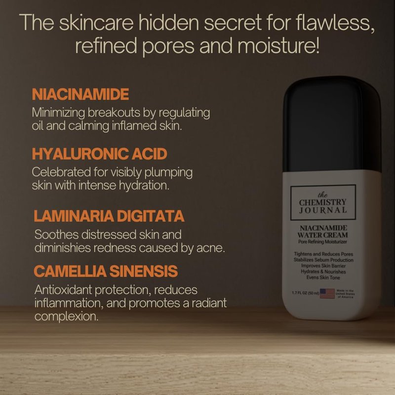 THE CHEMISTRY JOURNAL Niacinamide Water Cream - Pore Refining Face Moisturizer, Oil Control, Ultimate Hydration, Lightweight Cream, Radiant/Even Complexion. Made in the United States of America.