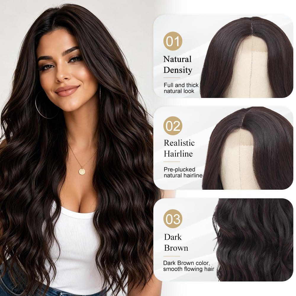 Long Brown Wig for Women Natural Looking Wavy Curly Synthetic Hair Wig Tangle Free Heat Resistant Comfortable for Daily Wear