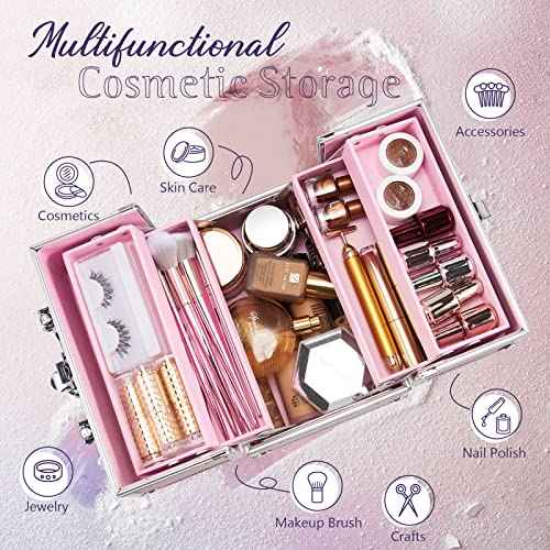 FRENESSA Makeup Train Case 8.85 Inch Portable Makeup Case Organizer Cosmetic Box Make Up Box Makeup Organizer Cosmetic Storage Cases with Locking Nail Kit Organizer Small Travel Case Mermaid Pink