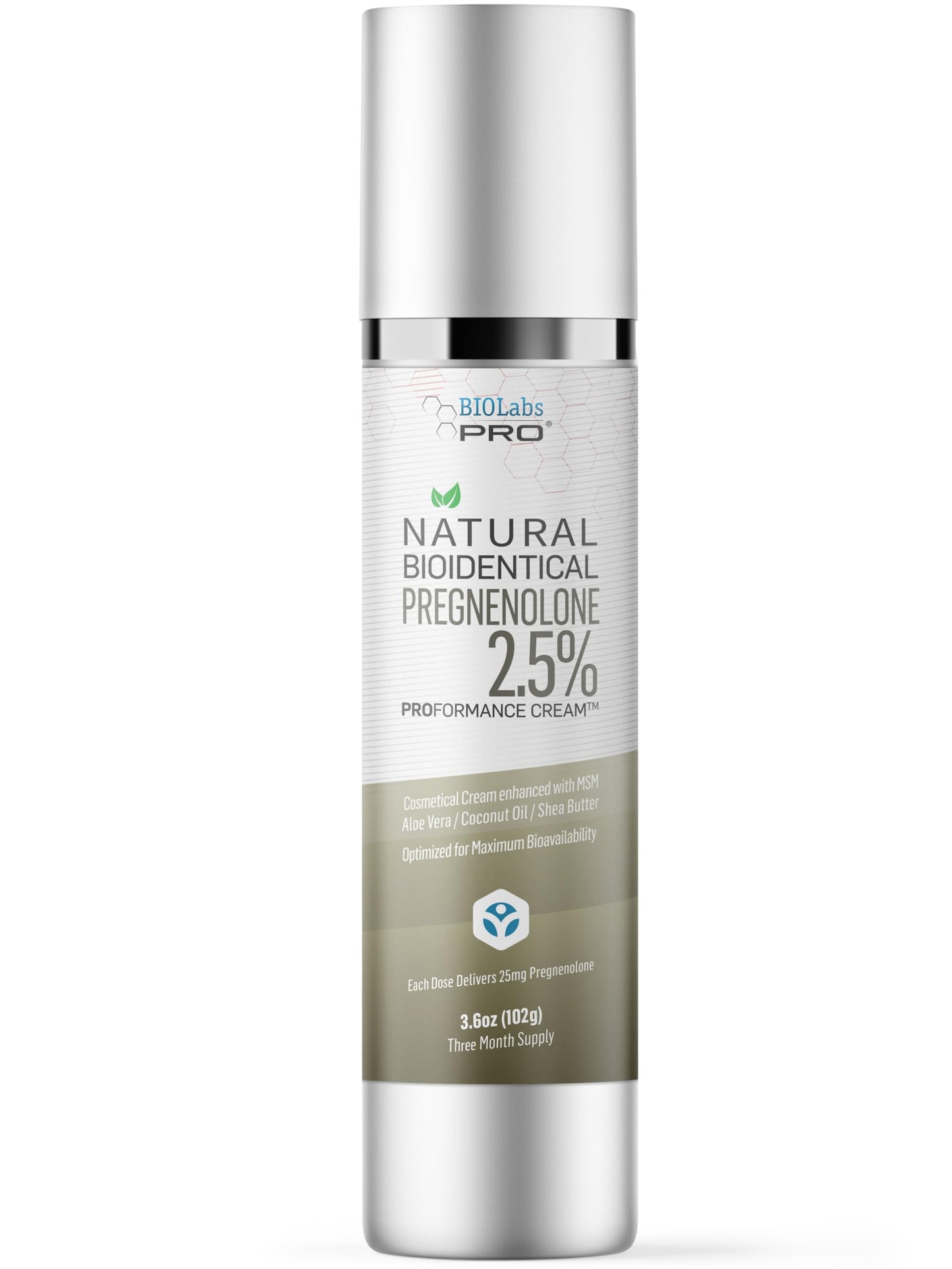 BIOLABS PRO Pregnenolone Cream 2.5% - Bioidentical Natural Pregnenolone - 25mg Per Dose - Three Month Supply - Luxury Bottle - 3.6oz