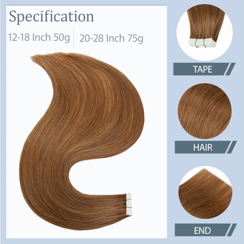 #30 Brown Tape in Extensions Human Hair 18 Inch Brown Straight Tape in Seamless Extensions Real Human Hair Skin Weft Seamless Invisible Unprocessed Virgin Remy Hair 50g 20 Pcs
