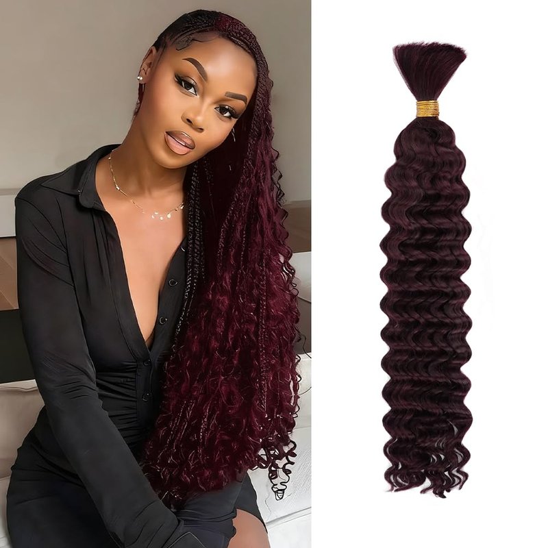 18 Inch Deep Wave Human Braiding Hair for Boho Braids – 50g 1 Bundles/Pack 99J Burgundy 100% Unprocessed 12A Brazilian Virgin Human Hair Bulk, No Weft, Wet & Wavy Curly Extensions