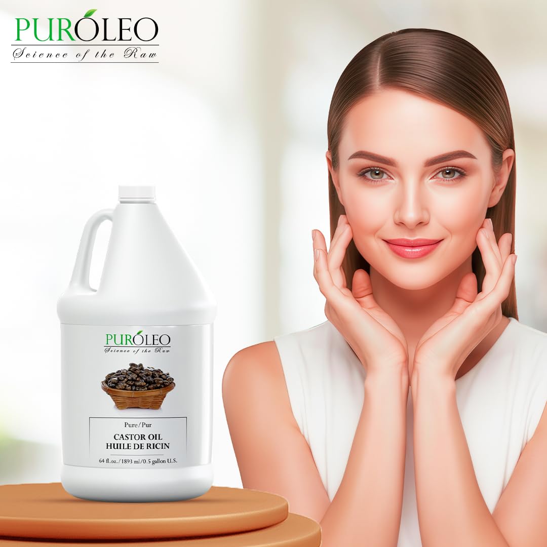 PUROLEO Castor Oil 64 Fl Oz/1900 ML (Packed In Canada) 100% Pure and Natural Hair, Lash, Beard, Eyelashes & Eyebrow Oil Black castor oil for brow lashes, Make eyelash serum, hair serum for dry hair