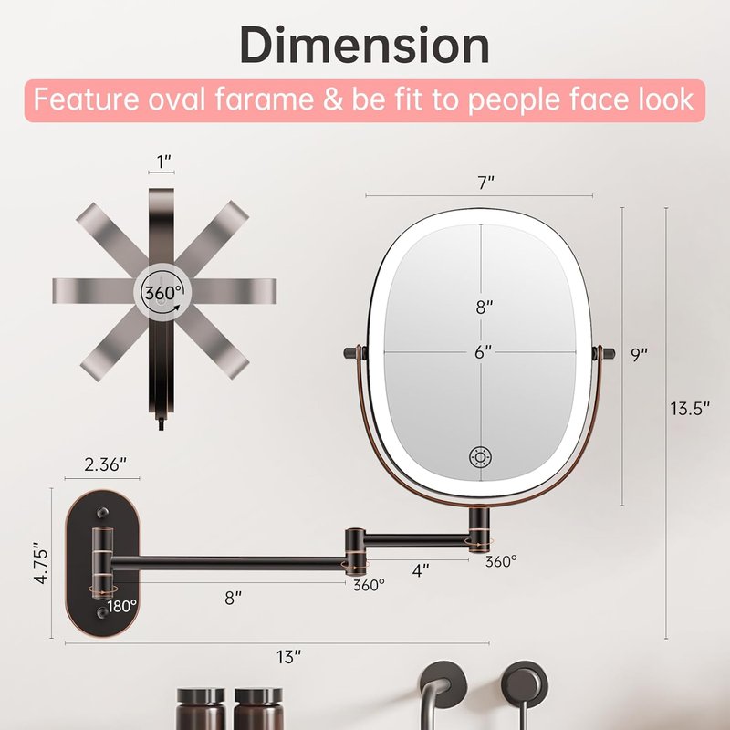 Funtoouch 30X/1X Wall Mounted Makeup Mirror - Rechargeable Double-Sided, 3 Color Modes, 360° Rotation | Antique Bronze